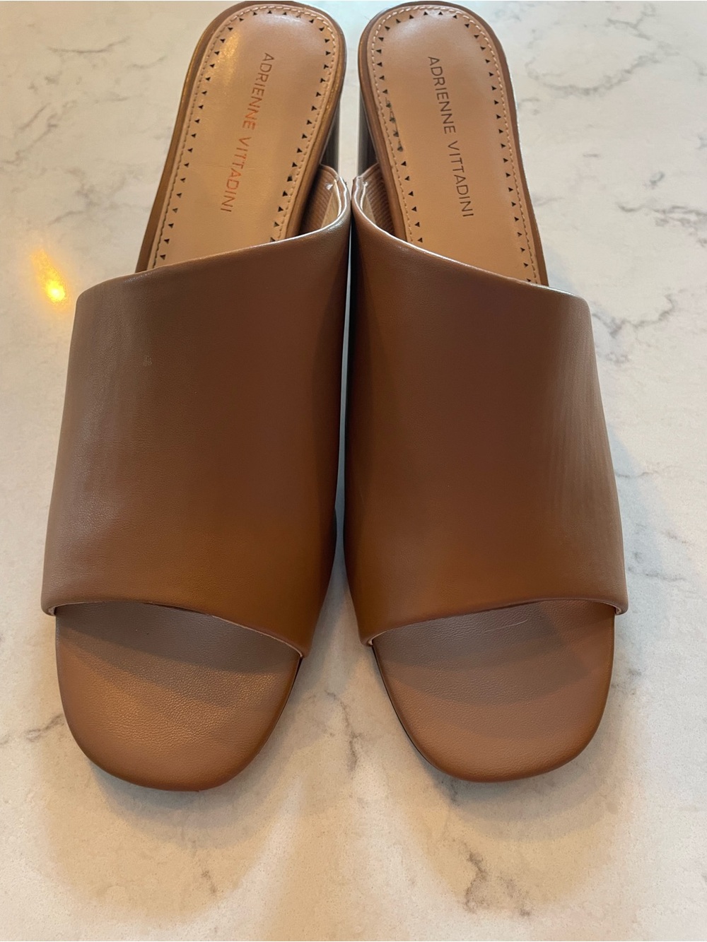 Adrienne Vittadini Tan Slide Mules - Smooth Leather Upper 12M 3 Inch heel.